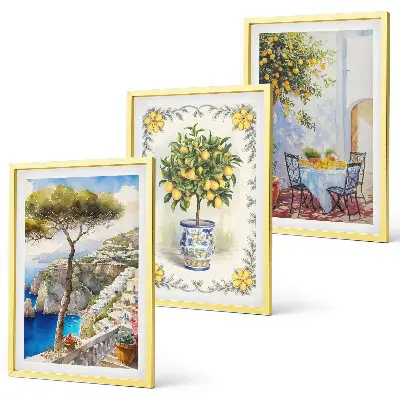 Set of 3 framed wall art pieces featuring a view of lemon trees by the sea