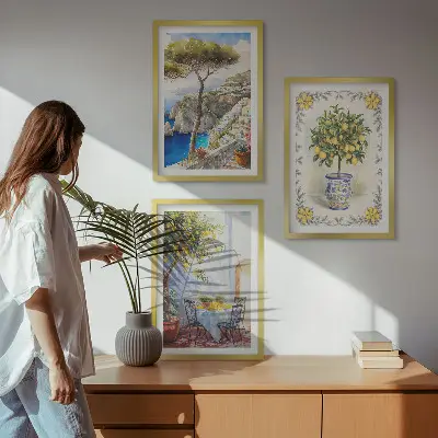 Set of 3 framed wall art pieces featuring a view of lemon trees by the sea