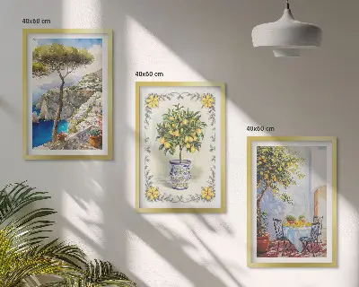 Set of 3 framed wall art pieces featuring a view of lemon trees by the sea