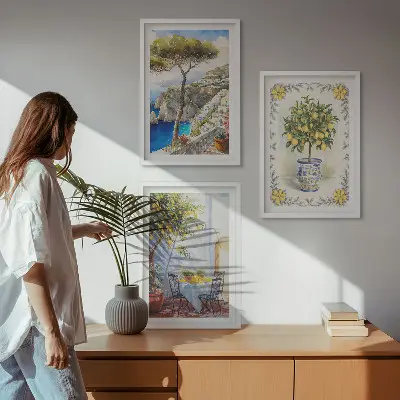 Set of 3 framed wall art pieces featuring a view of lemon trees by the sea