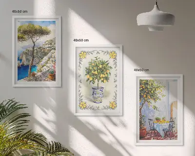 Set of 3 framed wall art pieces featuring a view of lemon trees by the sea