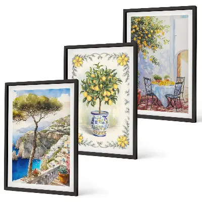 Set of 3 framed wall art pieces featuring a view of lemon trees by the sea