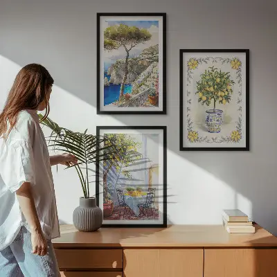 Set of 3 framed wall art pieces featuring a view of lemon trees by the sea