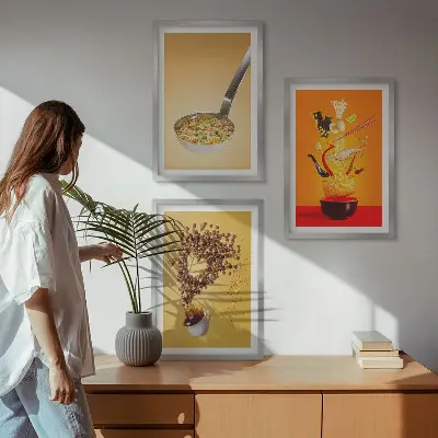 Three-piece wall art set with kitchen food themes