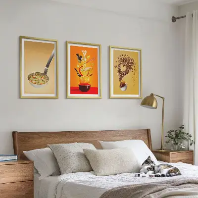 Three-piece wall art set with kitchen food themes