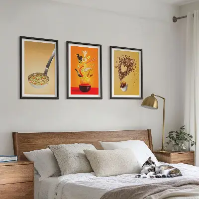 Three-piece wall art set with kitchen food themes