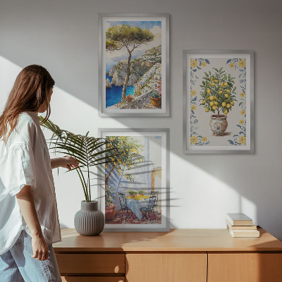 Set of 3 framed wall art pieces Sea lemon tree paintings