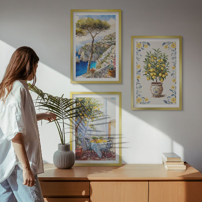 Set of 3 framed wall art pieces Sea lemon tree paintings