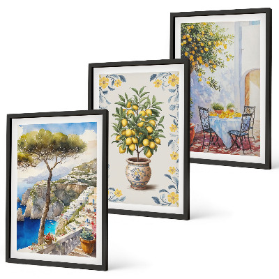 Set of 3 framed wall art pieces Sea lemon tree paintings