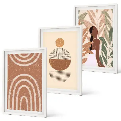 Set of 3 framed wall art pieces with stylish plant patterns and geometry