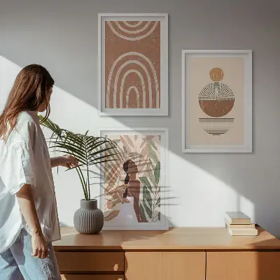 Set of 3 framed wall art pieces with stylish plant patterns and geometry