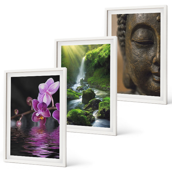 Three-piece wall art piece Flowers waterfall Buddha rock Zen