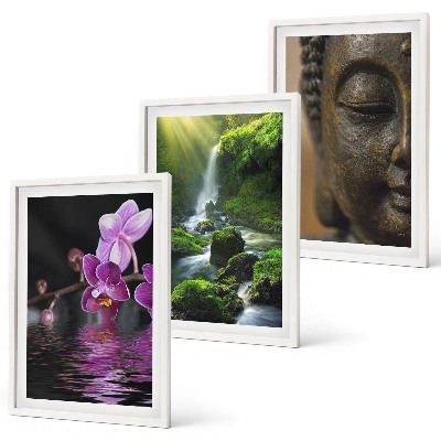 Three-piece wall art piece Flowers waterfall Buddha rock Zen