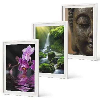Three-piece Zen Buddha and waterfall wall art Zen-inspired flower and rock theme