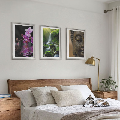 Three-piece wall art piece Flowers waterfall Buddha rock Zen