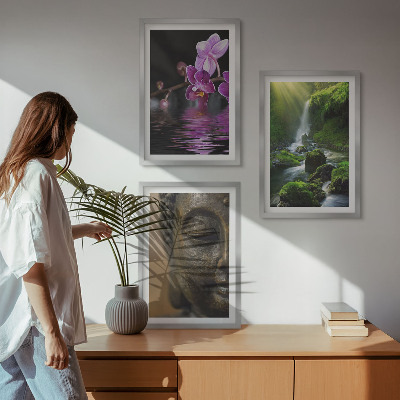 Three-piece wall art piece Flowers waterfall Buddha rock Zen