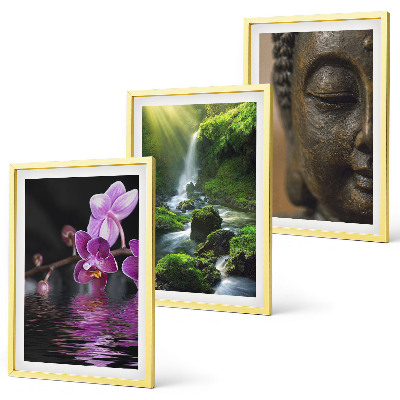 Three-piece wall art piece Flowers waterfall Buddha rock Zen