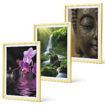 Three-piece Zen Buddha and waterfall wall art Zen-inspired flower and rock theme