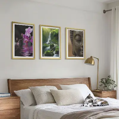 Three-piece Zen Buddha and waterfall wall art Zen-inspired flower and rock theme