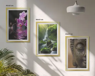 Three-piece Zen Buddha and waterfall wall art Zen-inspired flower and rock theme