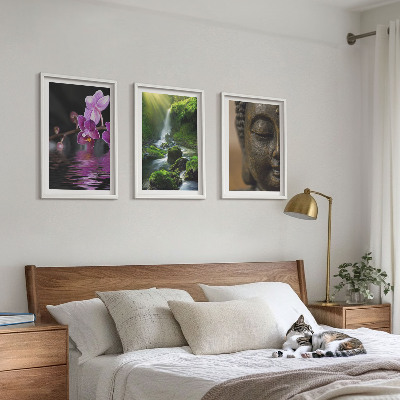 Three-piece wall art piece Flowers waterfall Buddha rock Zen