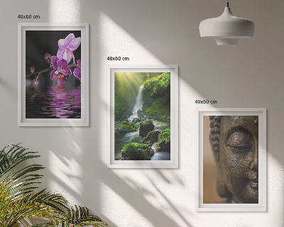 Three-piece wall art piece Flowers waterfall Buddha rock Zen