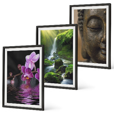 Three-piece wall art piece Flowers waterfall Buddha rock Zen