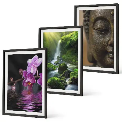 Three-piece Zen Buddha and waterfall wall art Zen-inspired flower and rock theme