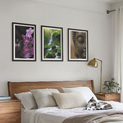 Three-piece wall art piece Flowers waterfall Buddha rock Zen