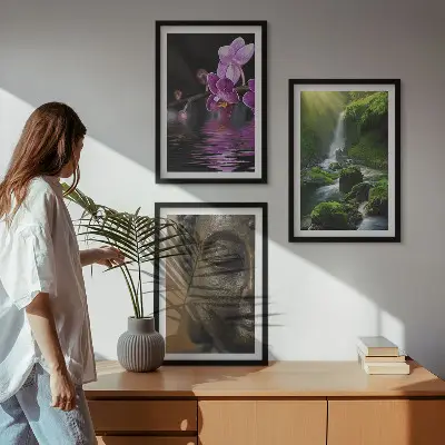Three-piece Zen Buddha and waterfall wall art Zen-inspired flower and rock theme