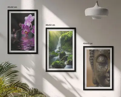 Three-piece Zen Buddha and waterfall wall art Zen-inspired flower and rock theme