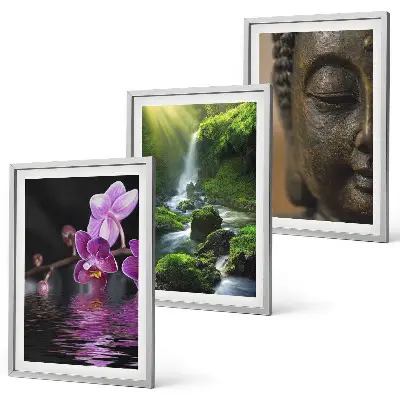Three-piece Zen Buddha and waterfall wall art Zen-inspired flower and rock theme