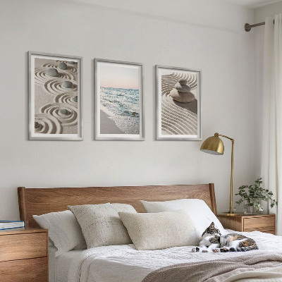 Set of 3 framed wall art pieces Waves sand water stones beach