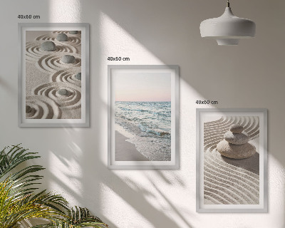 Set of 3 framed wall art pieces Waves sand water stones beach