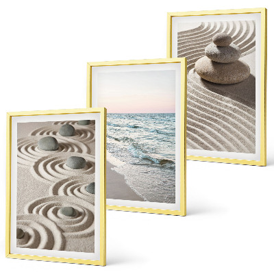 Set of 3 framed wall art pieces Waves sand water stones beach