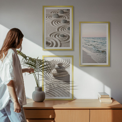 Set of 3 framed wall art pieces Waves sand water stones beach