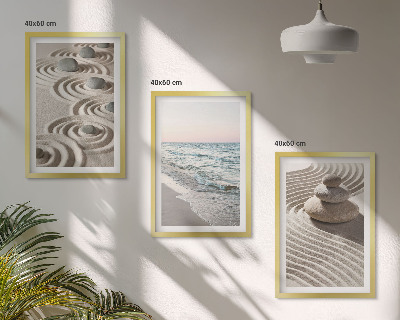 Set of 3 framed wall art pieces Waves sand water stones beach