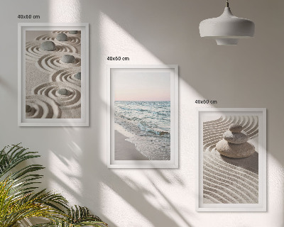 Set of 3 framed wall art pieces Waves sand water stones beach
