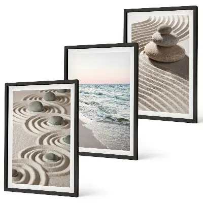 Set of 3 framed wall art pieces featuring waves, sand, water, and beach stones