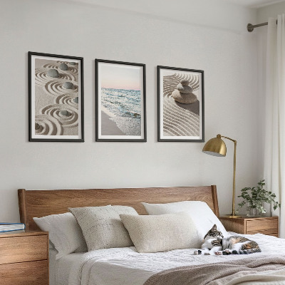 Set of 3 framed wall art pieces Waves sand water stones beach