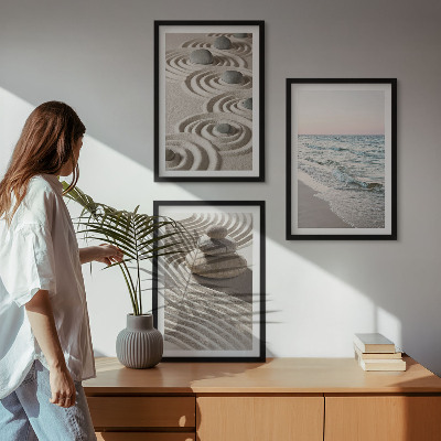 Set of 3 framed wall art pieces Waves sand water stones beach