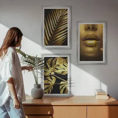 Monstera palm and woman's mouth wall art three-piece set