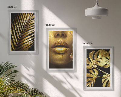 Three-piece wall art piece Monstera palm woman's mouth