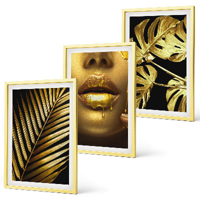 Three-piece wall art piece Monstera palm woman's mouth