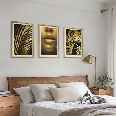 Three-piece wall art piece Monstera palm woman's mouth