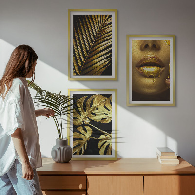 Three-piece wall art piece Monstera palm woman's mouth