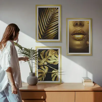 Monstera palm and woman's mouth wall art three-piece set