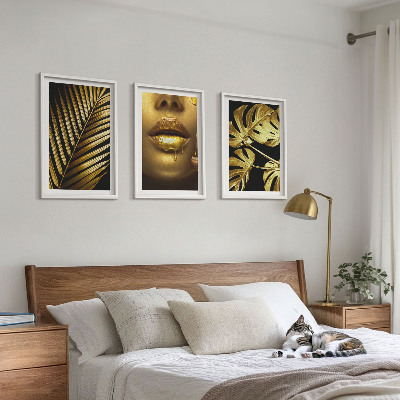 Three-piece wall art piece Monstera palm woman's mouth