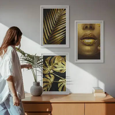 Monstera palm and woman's mouth wall art three-piece set