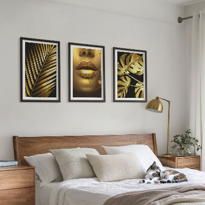 Three-piece wall art piece Monstera palm woman's mouth